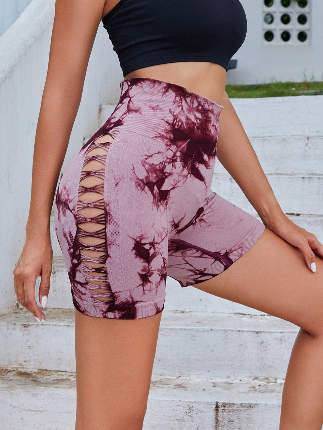 2pcs Tie Dye Mesh Yoga Pants Shorts High Waisted Hip Lifting Quick Drying Outdoor Sports Running Fitness Biker Trousers