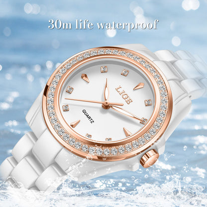 LIGE Fashion Elegant Watch for Women Ceramics Strap Diamond wristwatch Luxury Ladies Bracelet Quartz Watches Gifts Reloj Mujer