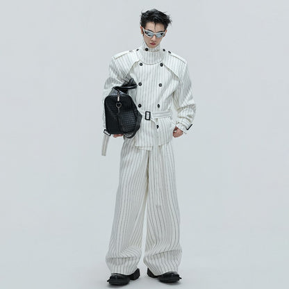 LUZHEN Fashion Stripe Printed Stand Neck Double Breasted Male Coat 2025 Autumn New Handsome Straight Casual Trousers Men JY4780