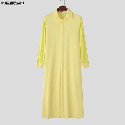 INCERUN Men Long Style Shirt Solid Color Lapel Long Sleeve Button Men Clothing Streetwear 2025 Loose Fashion Casual Camisas Tops
