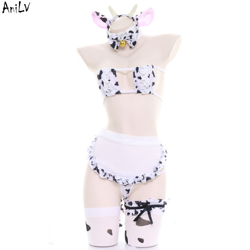 AniLV Cow Series Swimsuit Bodysuit Bikini Maid Unifrom Costume Summer Beach Kawaii Girl Swimwear Skirt Uniform Set Cosplay