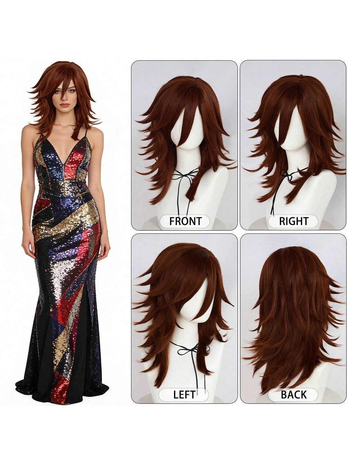 Synthetic Medium Length Fluffy Spiky Women Man Layered Straight Anime Cosplay Wig with Bangs for Halloween Party