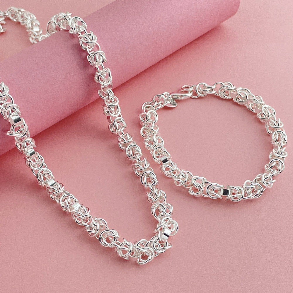 925 Sterling Silver Jewelry Set Braided Multi-ring Shrimp Clasp Necklace Bracelet Set Women's Fashion Simple Party Jewelry Gift