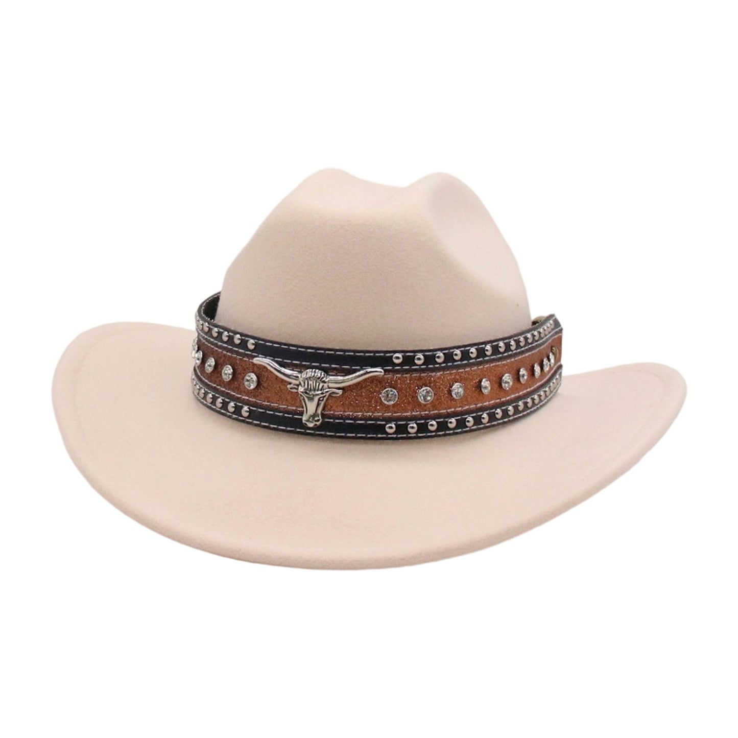 Fashionable Wide Brim Hat with Rhinestone Bull Belt - Trendy Cowgirl Cap for Men and Women Perfect for Outdoor Activities