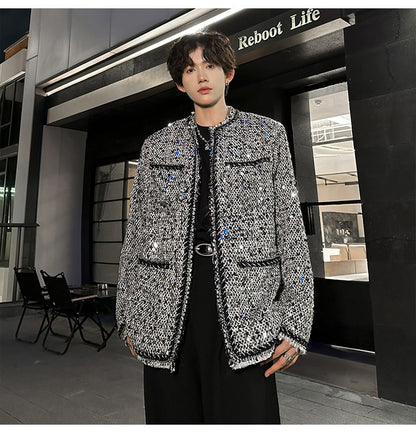 Korean Fashion Shiny Sequin Jacket Sliver Round Collar Long Sleeve Jackets Coats Autumn New Ladies Gentleman High Street