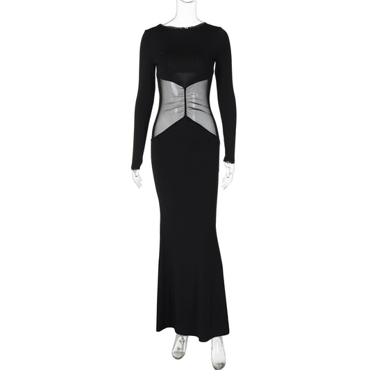 2025 Solid Long Sleeve Patchwork Mesh Sexy Ruched Bodycon Maxi Dress Spring Women Fashion Y2K Clothes Streetwear Party Club