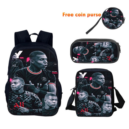M-Mbappe Conjunto de 3 Peças Bolsa Escolar Mochila Esportiva de Futebol com Bolsas de Ombro Estojo para Canetas Mochila Escolar Jogador Estrela para Melhor Presente