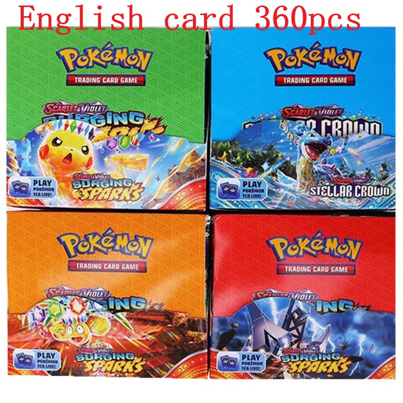360 Cartas Pokémon em Inglês, Espanhol, Francês - Evoluções Prismáticas, Faíscas Efervescentes, Escarlate e Violeta 151, Booster Pokémon, Cartas de Batalha