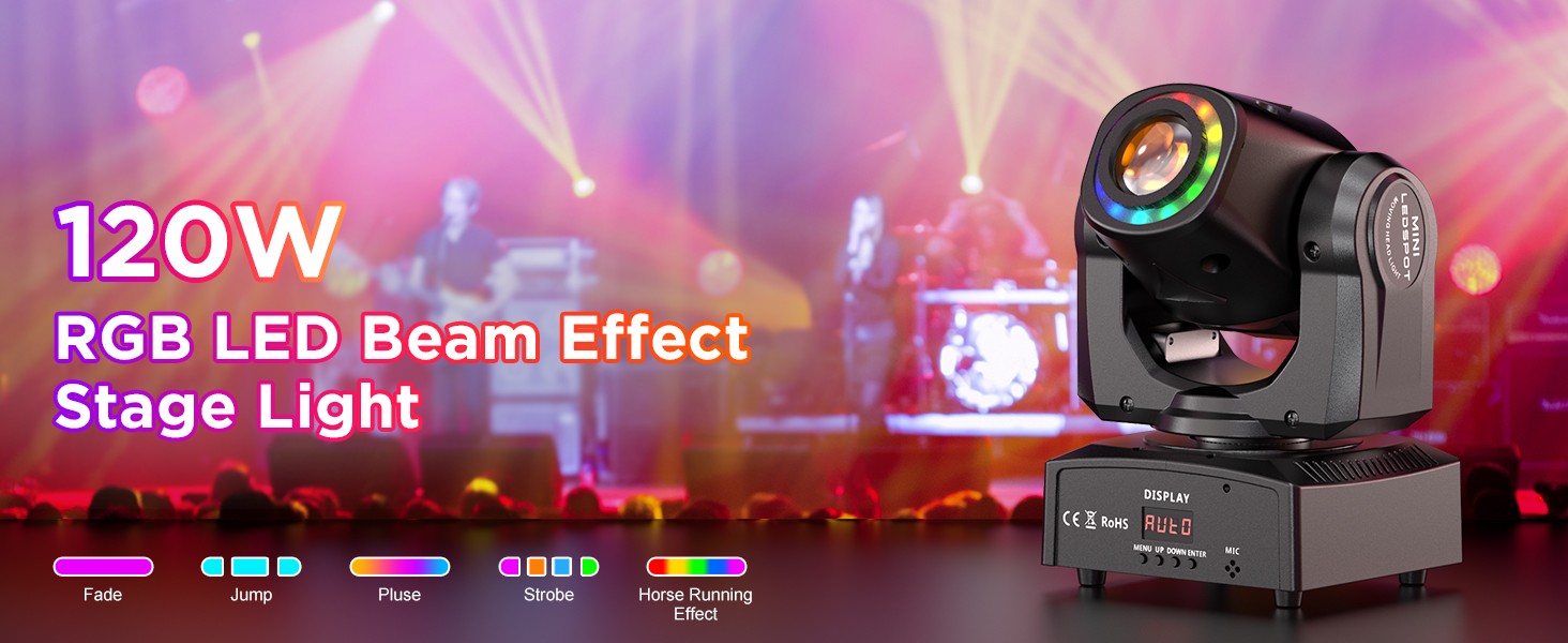 Datewink 120W LED Beam Moving Head Light 8 Patterns RGB Stage Lighting Effect DMX512 For DJ Disco Show Concert Party KTV Karaoke