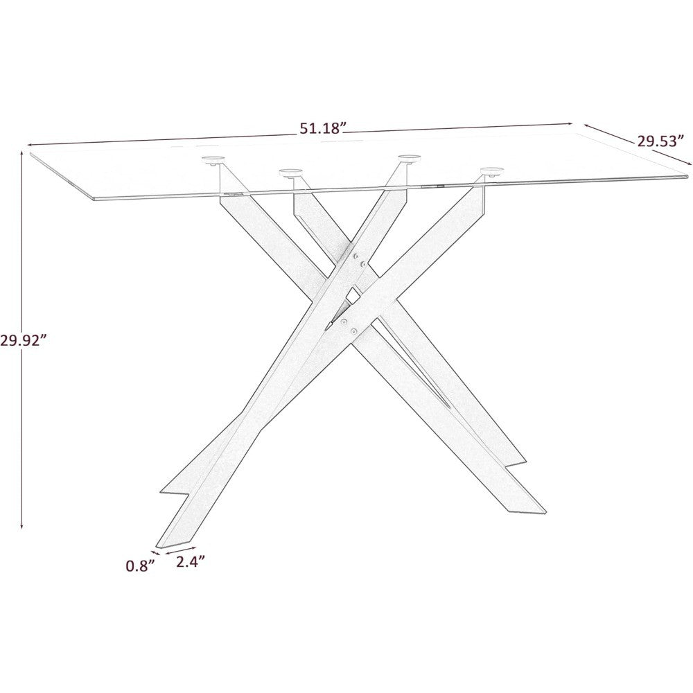 Rectangular Glass Dining Table for Four, 51.2 Modern Kitchen Table with Black Steel Legs
