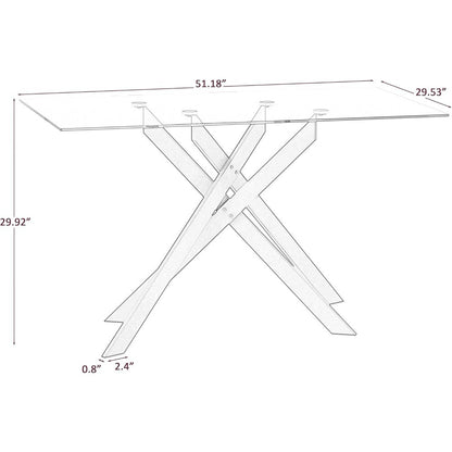 Rectangular Glass Dining Table for Four, 51.2 Modern Kitchen Table with Black Steel Legs