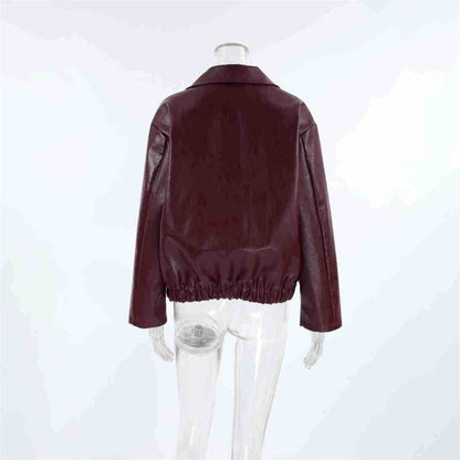 Jaqueta Feminina de Couro Sintético Vermelho Vinho Vintage, Casaco Moderno com Zíper e Lapela, Casacos de Outono Inverno, Blusas Curtas Femininas Estilo Streetwear