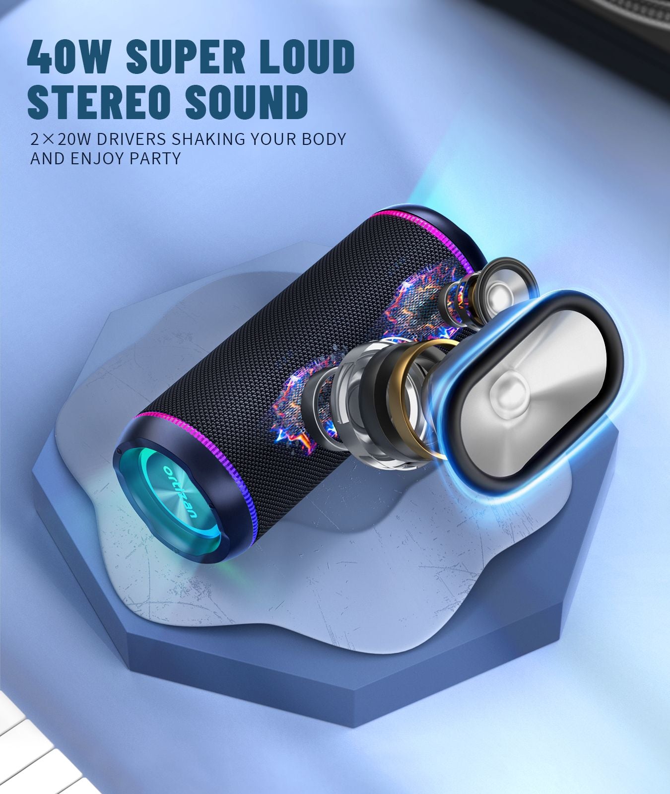 Ortizan X30 Caixa de Som Bluetooth Portátil Bluetooth 5.3 Caixa de Som Sem Fio com Som Estéreo Alto HD de 40W e Luzes RGB Coloridas AUX