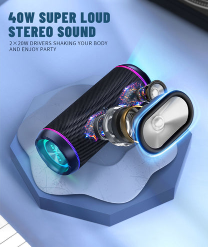 Ortizan X30 Caixa de Som Bluetooth Portátil Bluetooth 5.3 Caixa de Som Sem Fio com Som Estéreo Alto HD de 40W e Luzes RGB Coloridas AUX