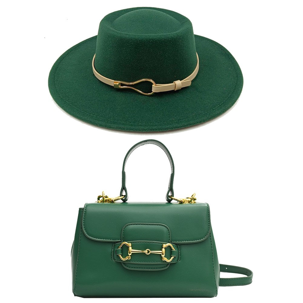 Acessórios femininos de fivela de couro metal com chapéu de feltro de pele com top côncavo e convexo, chapéu fedora e conjunto de bolsa combinando, estilo retrô