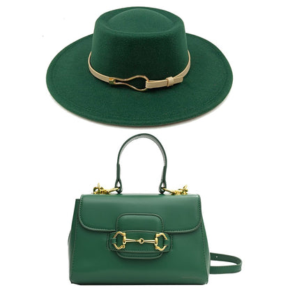 Acessórios femininos de fivela de couro metal com chapéu de feltro de pele com top côncavo e convexo, chapéu fedora e conjunto de bolsa combinando, estilo retrô