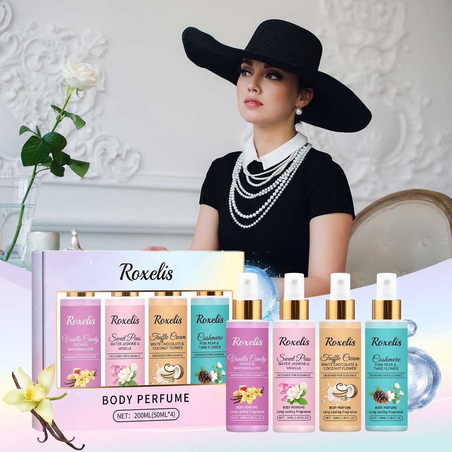 Roxelis 1 Conjunto de Perfume em Spray Corporal de Longa Duração com Fragrância de Frutas Frescas para o Dia a Dia, Encontros, Glamour, Flertes e Perfume Elegante