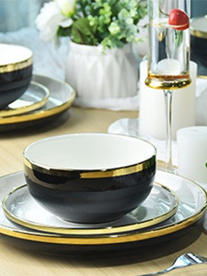 Black Ceramic Dinnerware Sets for 4, 16-Piece Contrast Plates and Bowls Set with Gold Rim, Crack Resistant | Dishwasher & Freeze