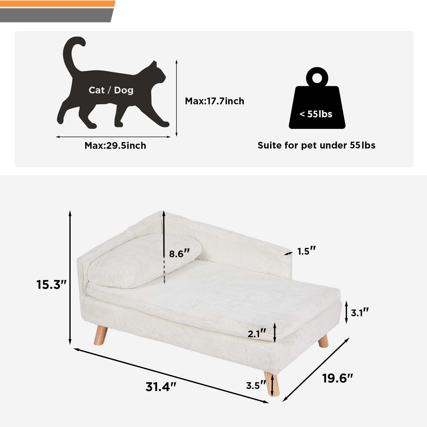 Cama Elevada para Animais de Estimação, Cama Nórdica para Animais de Estimação com Almofada Aconchegante Impermeável, Sofá-Cama para Animais de Estimação com Pernas de Madeira Resistentes para Cães e Gatos Pequenos