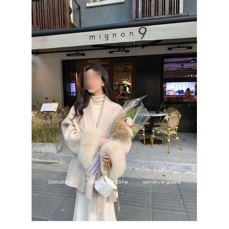 Fox-wool Double-faced Tweed Charming Fur Coat Fashionable Mid-length