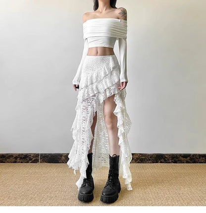 Gothic Skirt 2000s Summer Women's Clothes Gyaru Kpop Streetwear Lace High Waist Casual Aesthetic Long Skrit Femme Hip Hop Skirts