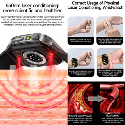 2025Novo 650nm Laser Condicionamento Safira Vidro Smart Watch Homens ECG Frequência Cardíaca Micro Exame Físico Saúde Smartwatch Temperatura