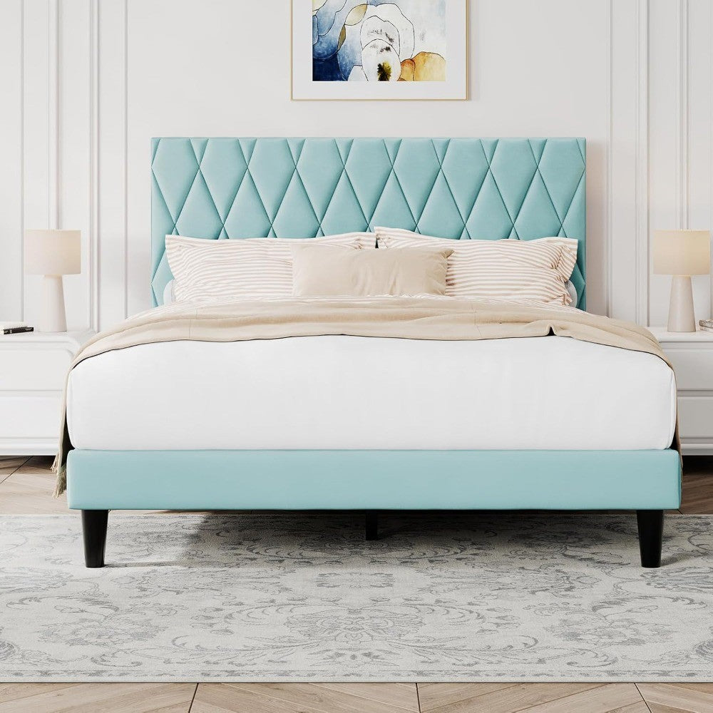 King Platform Bed Frame with Storage Space, Fabric Upholstered Headboard, Fully Upholstered Mattress Foundation, No Box Spring N
