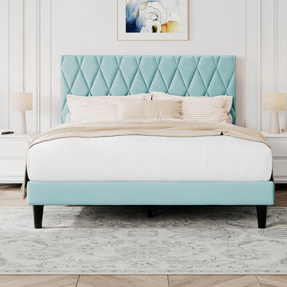 King Platform Bed Frame with Storage Space, Fabric Upholstered Headboard, Fully Upholstered Mattress Foundation, No Box Spring N