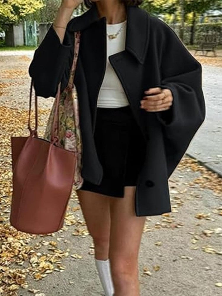 Women's Oblique Button Loose Batwing Sleeve Jacket Coat Lapel Double Pocket Warm Solid Vintage Outerwear Fall Winter Coat
