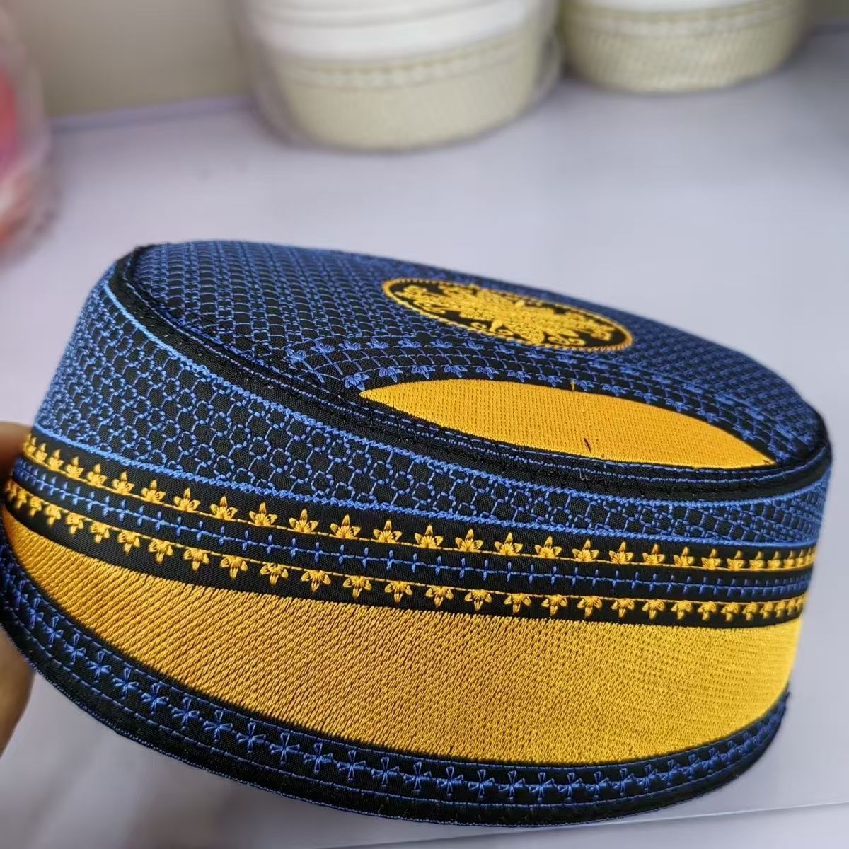 Muslim Wedding Hats Men Embroidered Flat Tops Eid Ramadam Prayer Ethnic Cultural Islamic Hat Gift Bonnet Turky Blue Gold Caps