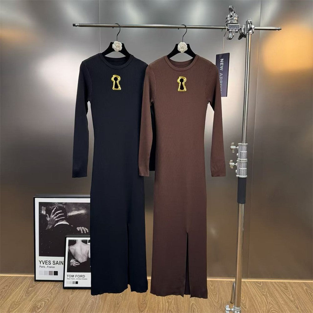 2025 Winter Women's Long Sleeve Knitted Stretch Hollow Corset Long Dress Y2K Clothing New Fashion High-Quality Party Dress bra