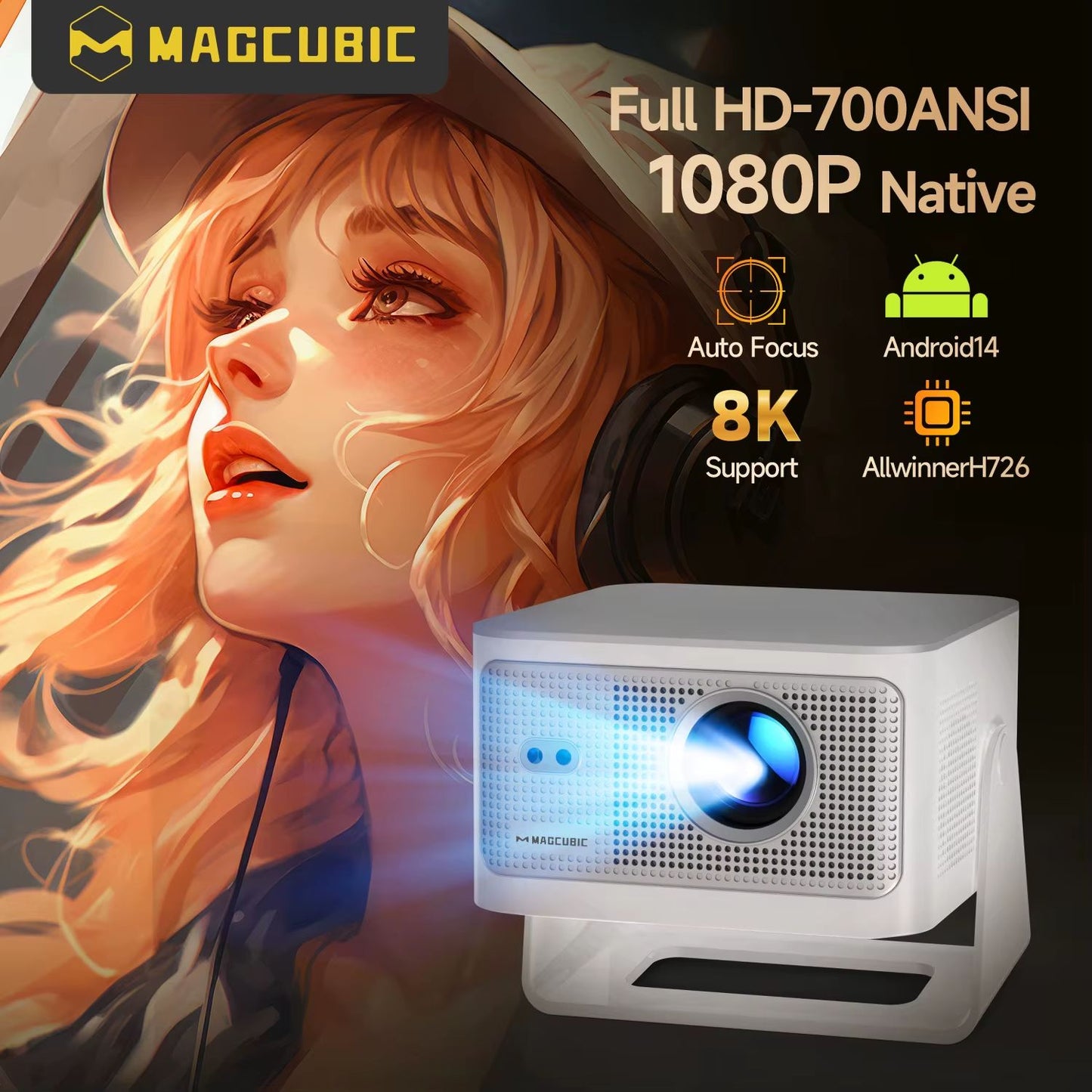Magcubic 900ANSI Projetor Android 14 Foco Automático Suporte 8K Nativo 1080P Com Wifi6 BT5.4 16G Allwinner H726 Portátil HY350Max