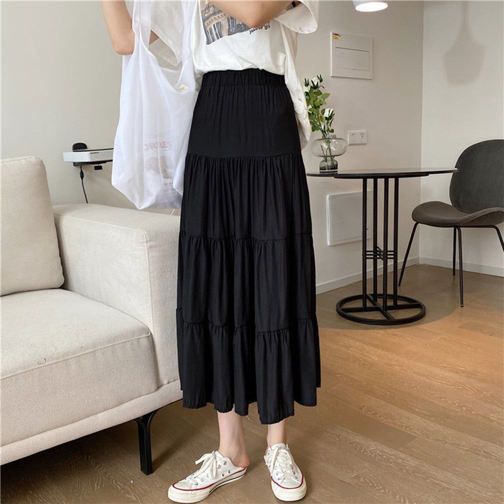 Spring Summer Women Chiffon Skirts Vintage High Waist Elastic Patchwork White Bl