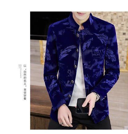 Luxury Retro Velvet Suit Jacket for Men Fashion Slim Fit Stand Collar Blazer Masculino Casual Business Wedding Dress Coat