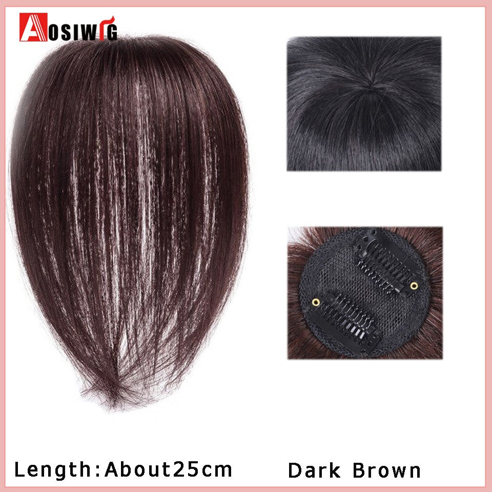 Perucas de cabelo encaracolado sintético AOSI castanho preto, substituição de extensões de cabelo tipo topete, apliques femininos com franja