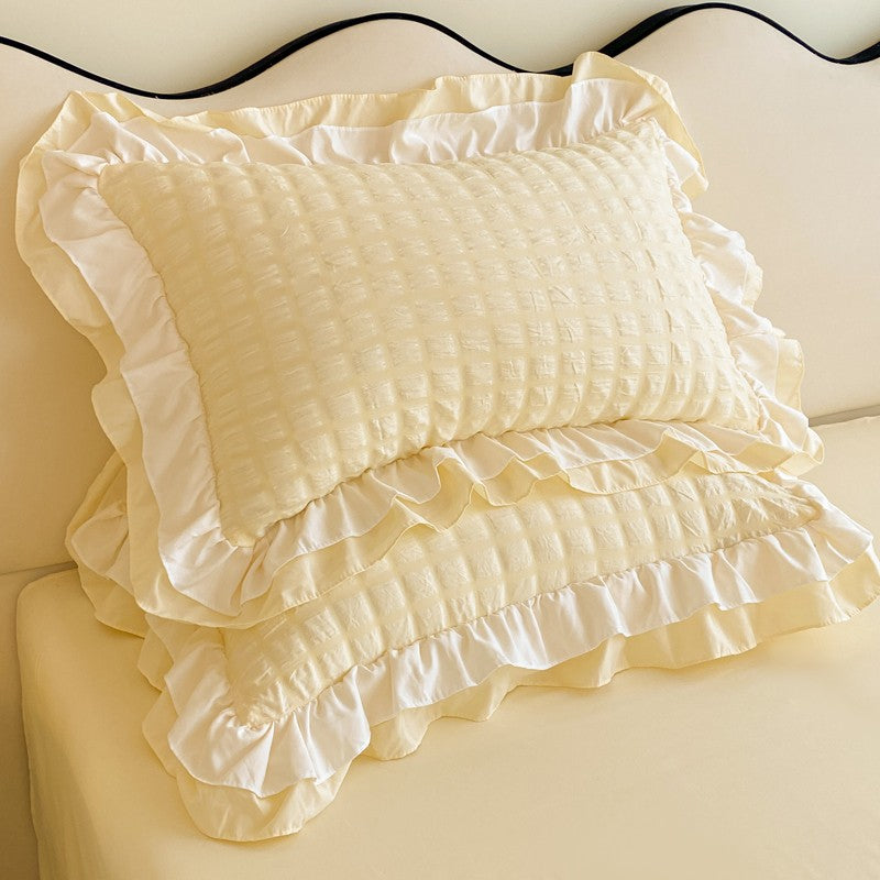 Conjunto de cama de renda coreana 3 peças de seersucker (1*Capa de Edredom + 2*Fronhas, Sem Enchimento) para quarto de hóspedes