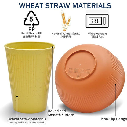 Wheat Straw Dinnerware Sets with Plates, Cups, Knives, Forks and Spoons Reusable Plates Dishwasher and Microwave
