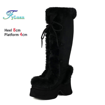 8CM Chunk Heels Winter Warm Knee High Boots Women Snow Short Plush Platform Boots Faux Fur Cosplay Lace-up Long Shoes Size 34-43