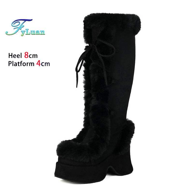 8CM Chunk Heels Winter Warm Knee High Boots Women Snow Short Plush Platform Boots Faux Fur Cosplay Lace-up Long Shoes Size 34-43