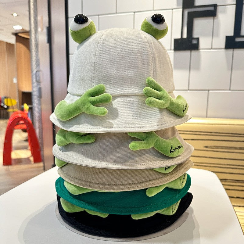 2024 New Cute Big Eyes Frog Bucket Hats Outdoor Foldable Sun Fishing Cap Women Lady Summer Cotton Wild Panama Hats