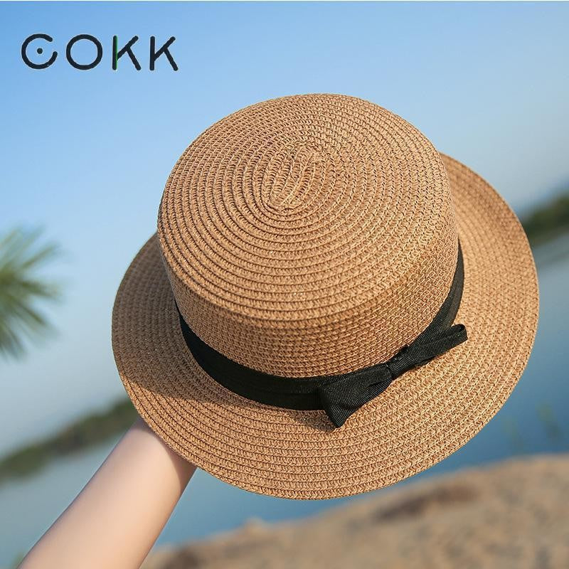 Chapéu Panamá COKK, Simples, de Verão, Praia, Feminino, Casual, Aba Reta, Chapéu de Palha com Laço para Meninas, Chapéu de Sol, Chapéu Feminino