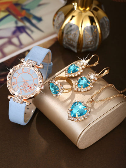 5PCS Wo5PCS Women's Love Set Diamond Dial Fashion men's Love Set Diamond Dial Fashion Versatile Alloy Case Pointer Leather Watch