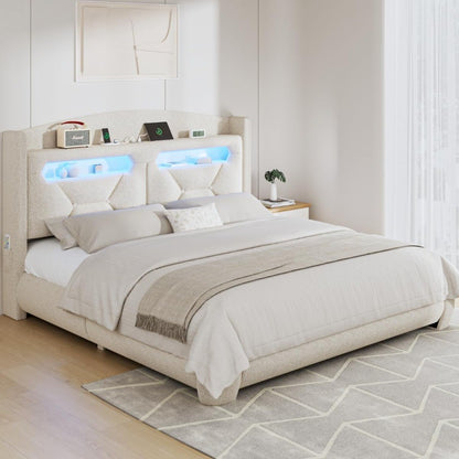 Estrutura de Cama Queen Size com Cabeceira Estofada em Bouclé, Base Plataforma com Armazenamento, Estação de Carregamento, Luzes LED e Espuma Macia