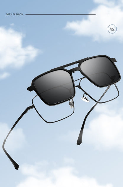 Óculos de Sol Clássicos Masculinos Polarizados com Clip On Estilo Piloto com Barra Dupla Armação de Liga de Titânio Ópticos Retrô Óculos de Sol