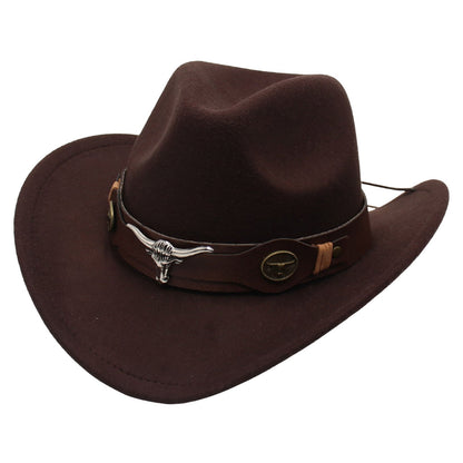 New Felt Western Cowboy Hat Ox Head Accessories Ethnic Style Roll Brim Cowgirl Cap with Cow Band Soft Jazz Fedora Hats Men