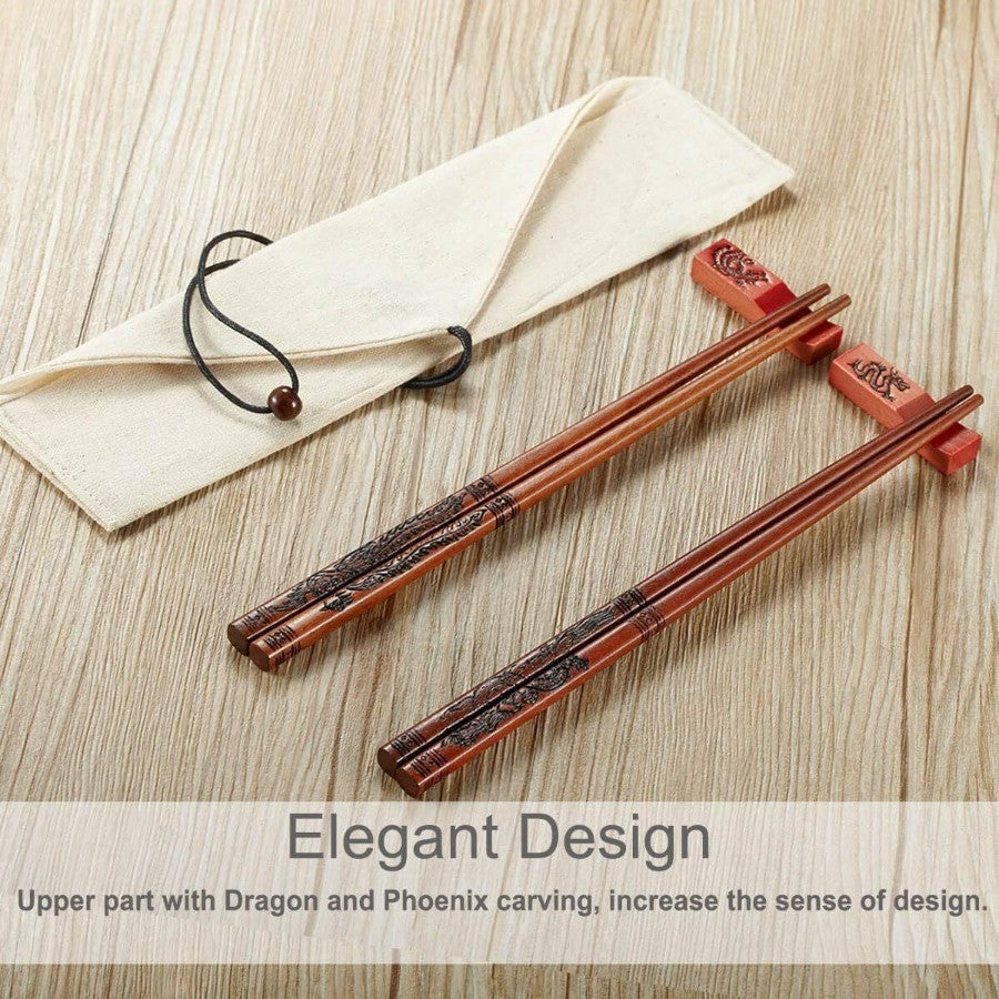 Reusable Chinese Dragon and Phoenix Design Chopsticks Set with Elegant Holder and Portable Carrying Bag Perfect for Traditional