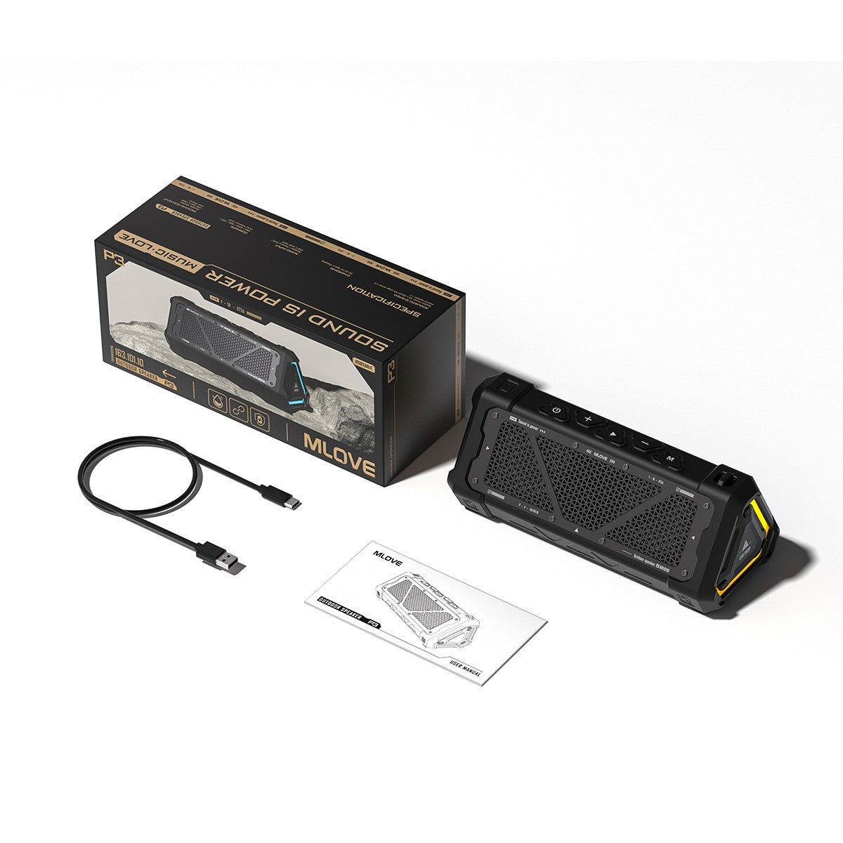 Caixa de Som Bluetooth Externa MLOVE P3, 40W de Potência de Saída Bluetooth 5.3, Som Estéreo IPX7 à Prova D'água, Cartão Micro SD, Luz RGB