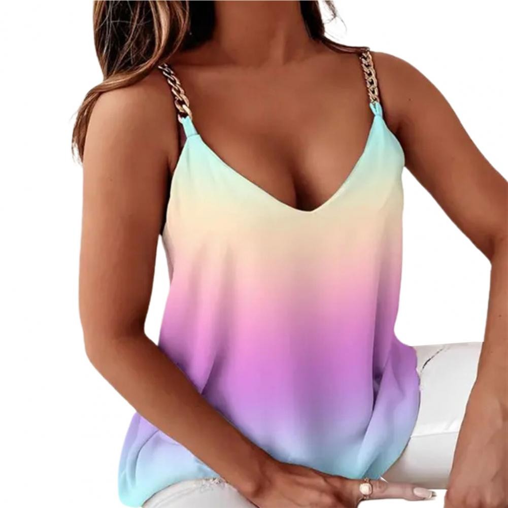V-neck Sleeveless Chain Strap Women Vest Women's Summer Top Blouse Sexy Tie-dye Print Loose Camisole Top Female Clothing