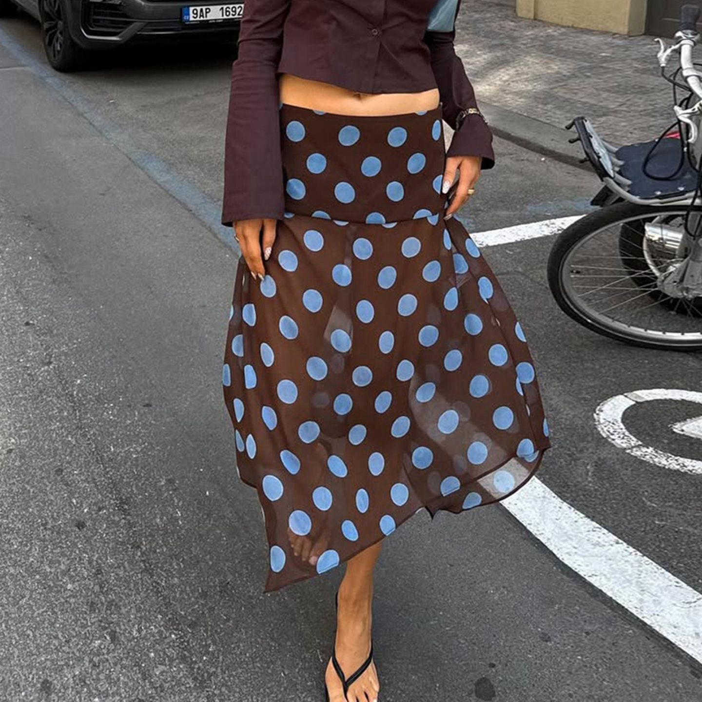 BIIKPIIK Casual Women Polka Dot Skirts Lettuce Trim Beige Elegant Midi Skirts St