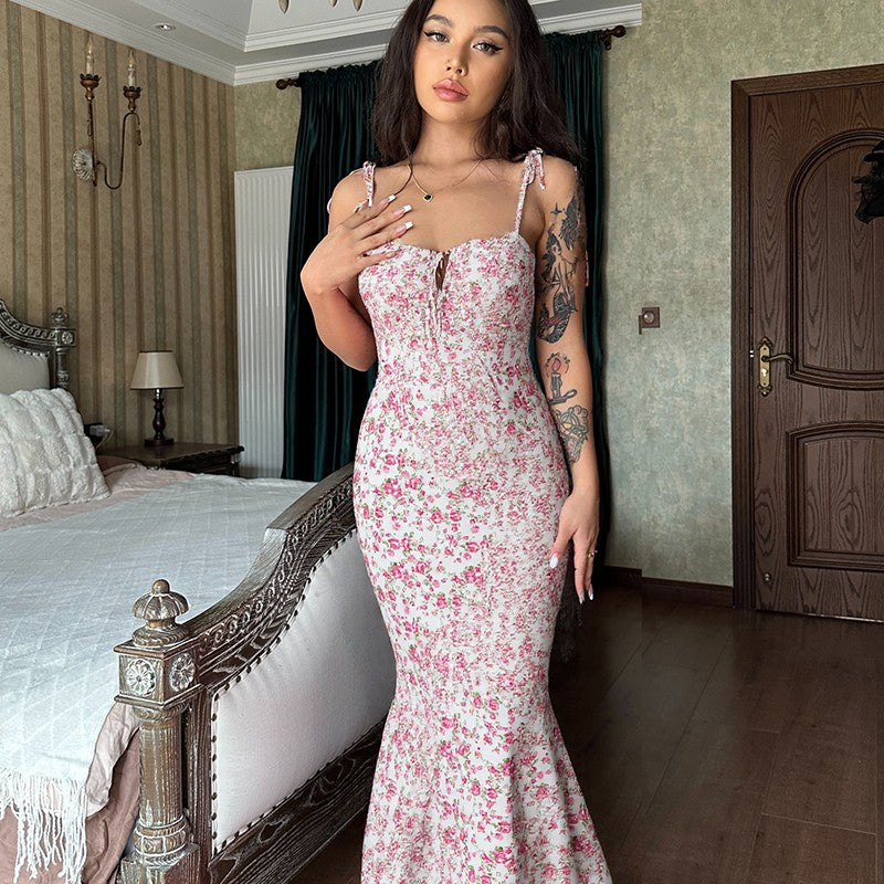 Hugcitar Floral Print Sleeveless Backless Slips Lace Up Maxi Dress Sexy Bodycon